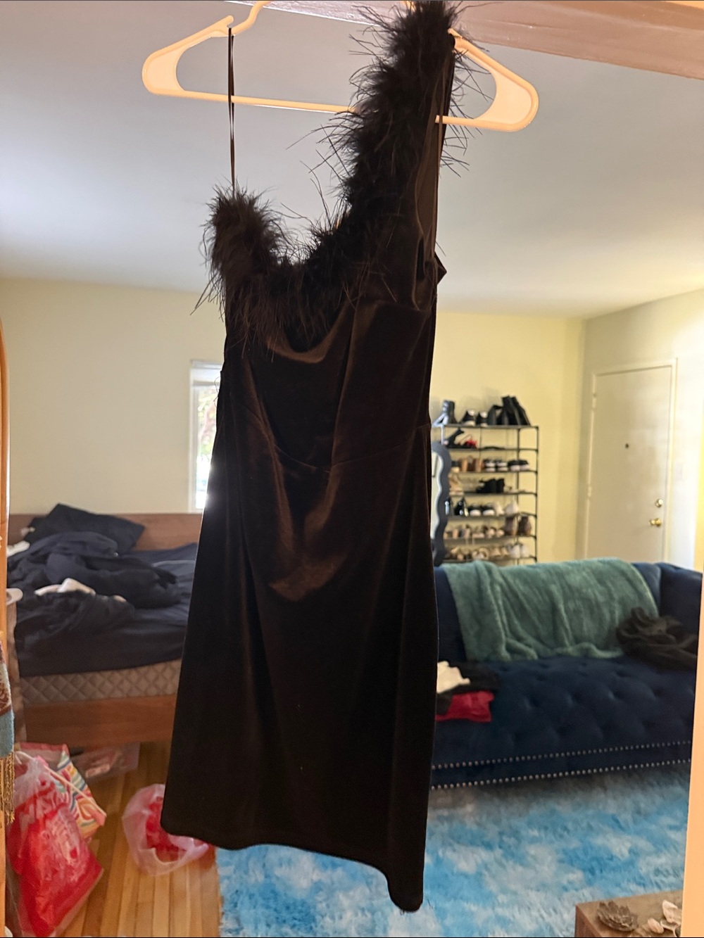 Altar'd State Black One-Shoulder Velvet Dress with Feather Trim
